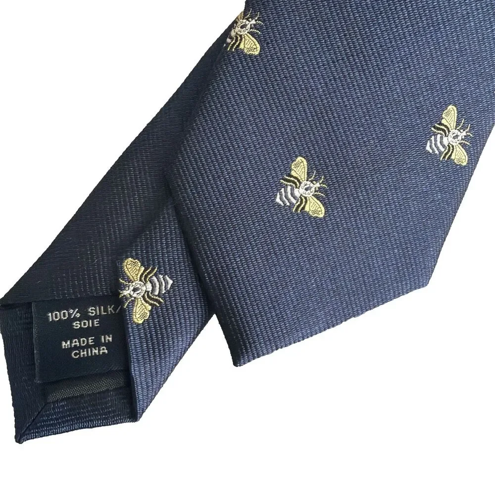J. Crew Bumble Bee Print Classic Dress Tie Men's 100% Silk Blue Yellow White EUC